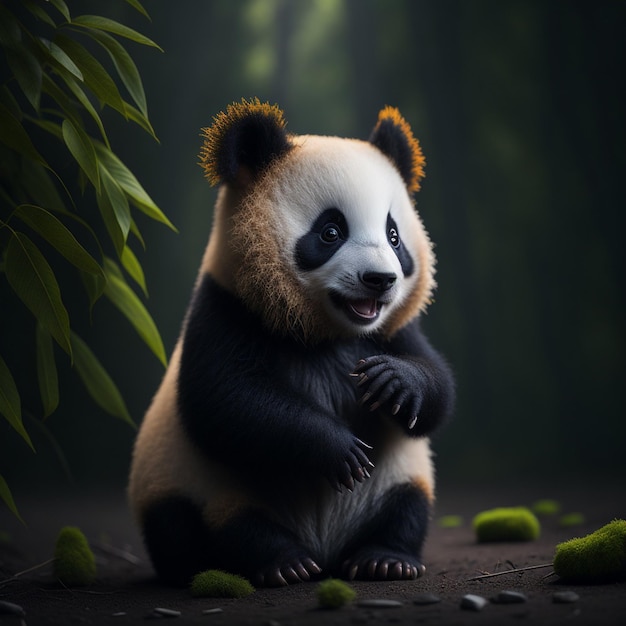 Un oso panda se sienta frente a una planta verde frondosa