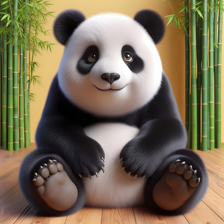 Foto un oso panda se sienta en un piso de madera con bambú en el fondo