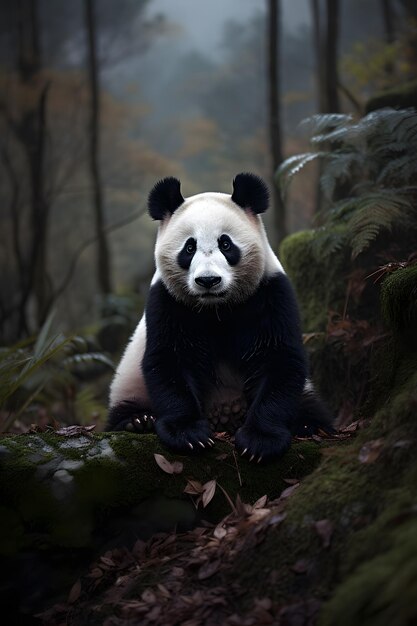 Un oso panda se sienta en una roca en un bosque.