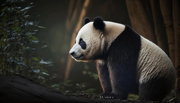 Un oso panda se sienta en un tronco en un bosque oscuro.