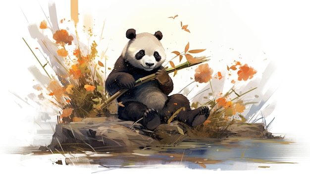 un oso panda se sienta en un tronco en la naturaleza.