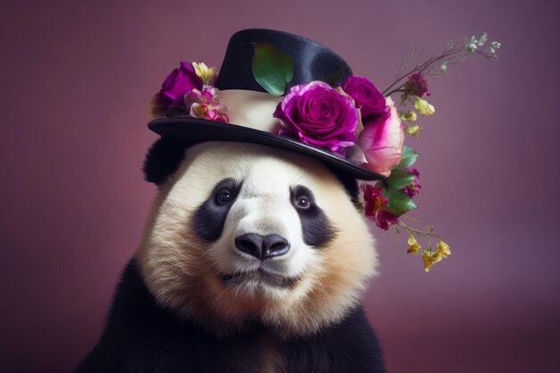 Oso panda con sombrero de copa con flores en la cabeza IA generativa