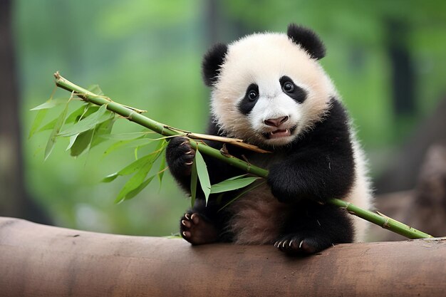 un oso panda sosteniendo una rama de bambú con bambú en su boca