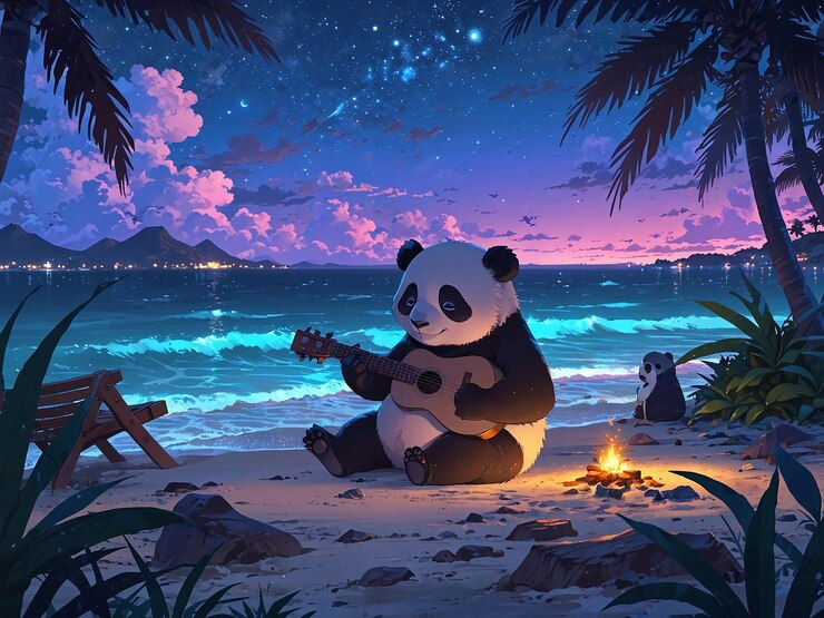 un oso panda tocando una guitarra en la playa con un fuego en el fondo