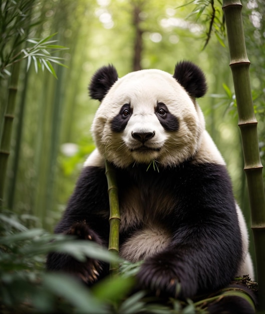 Oso panda vagando solo en el bosque de bambú