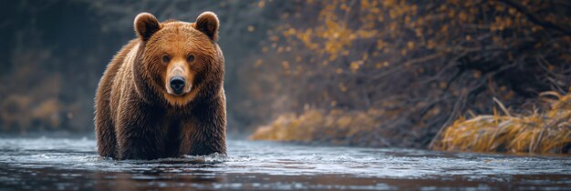 Foto oso pardo en el agua del río del bosque