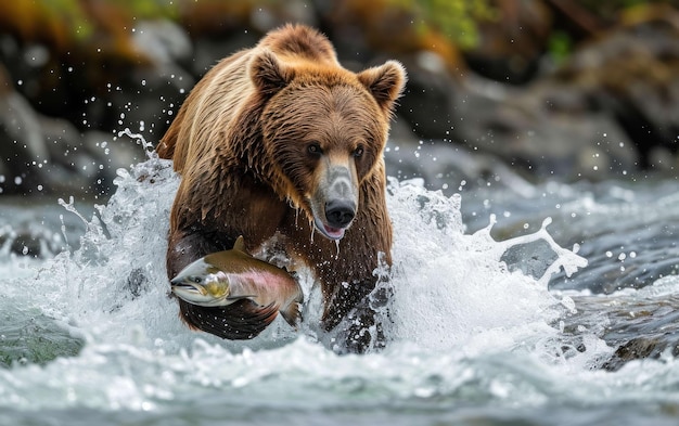 un oso pardo atrapando un salmón con sus poderosas mandíbulas