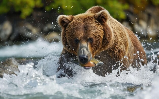 oso pardo atrapando un salmón en sus poderosas mandíbulas