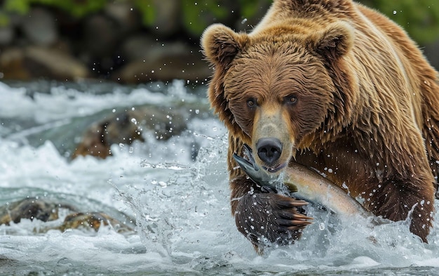 un oso pardo atrapando un salmón con sus poderosas mandíbulas