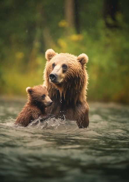 Foto un oso pardo y un cachorro están nadando en un río.