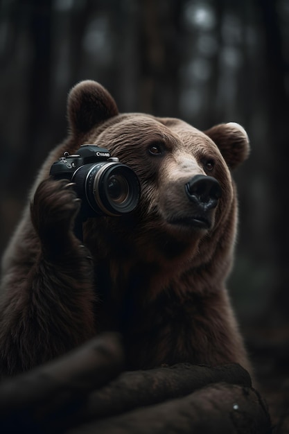 Un oso pardo con una cámara en la mano.