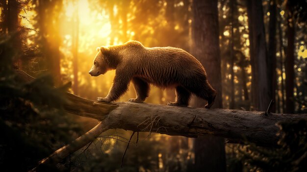 Un oso pardo caminando sobre un tronco de madera en el bosque