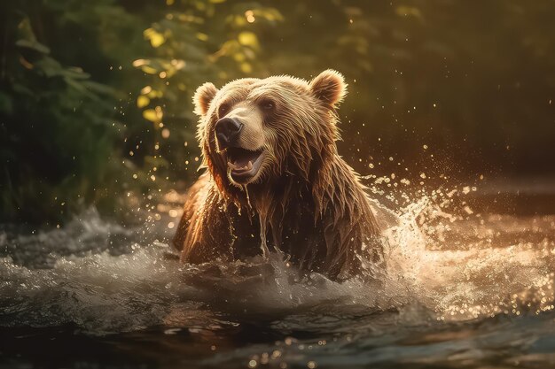 Oso pardo cerca del río y atrapa salmones.