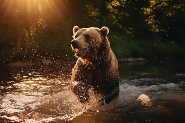 Oso pardo cerca del río y atrapa salmones.