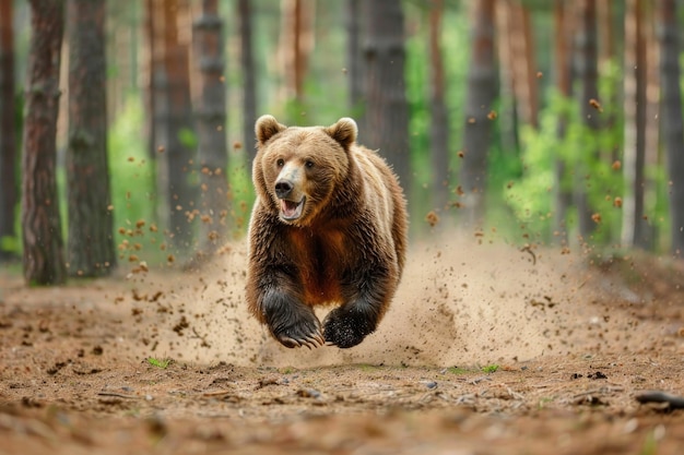 Foto un oso pardo enojado corriendo en el bosque