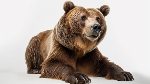 Un oso pardo está acostado sobre una superficie blanca.