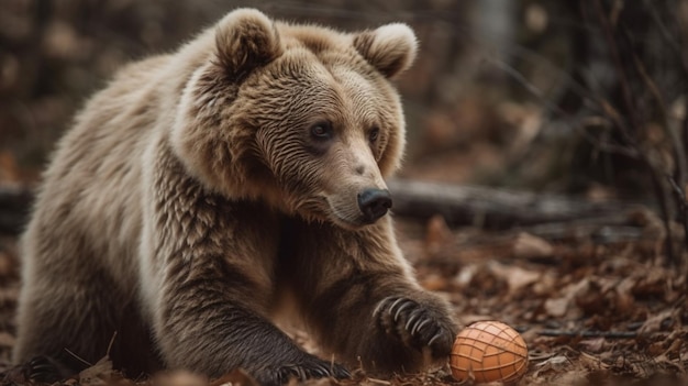 Un oso pardo jugando con una naranja.