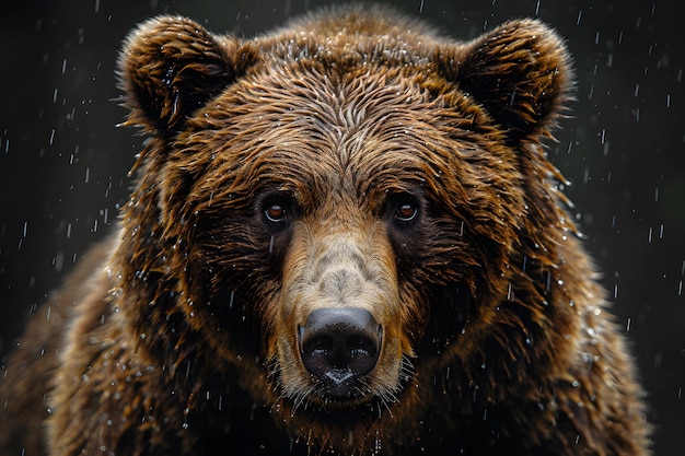 El oso pardo mojado de pie bajo la lluvia