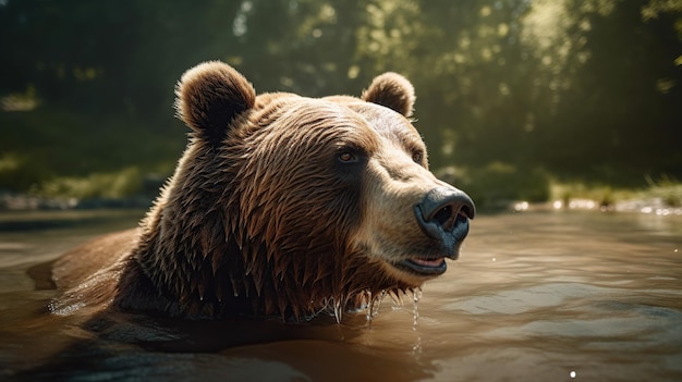 Un oso pardo nada en el río en un cálido día de verano animales salvajes