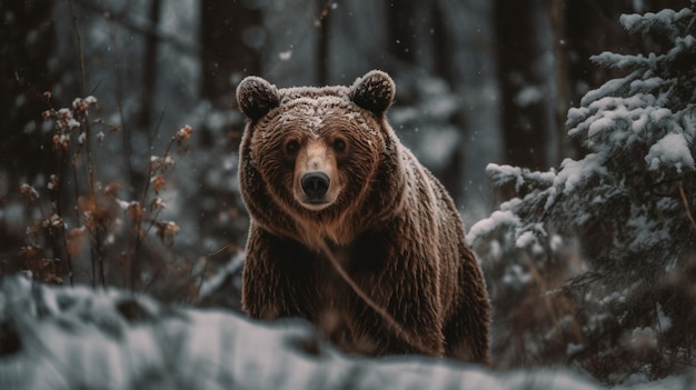 Un oso pardo en la nieve.