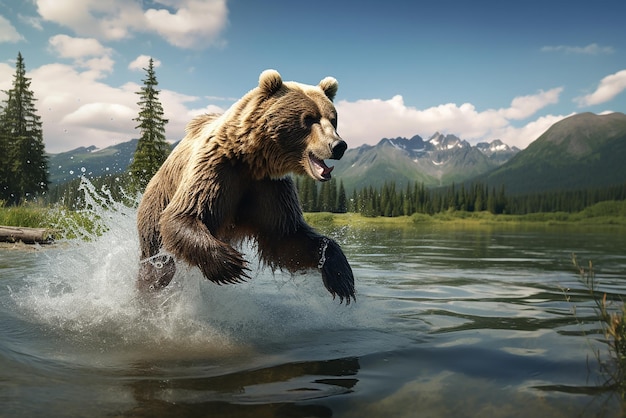 Un oso pardo pescando en un lago al pie de las montañas