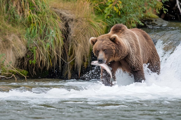 Un oso pardo con un pez agarrado firmemente en su boca mientras disfruta de una cacería exitosa. Un oso grizzly en la orilla de un río atrapando bruscamente un pez en su boca. Generado por IA.