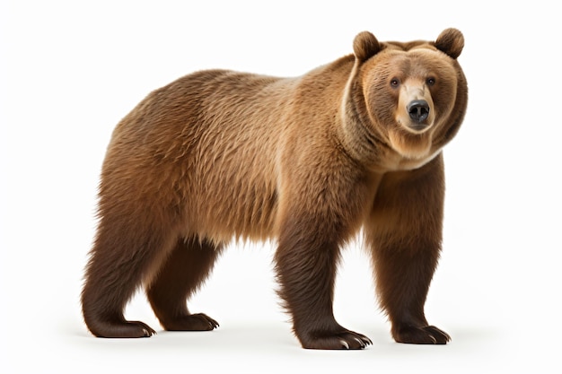 Foto un oso pardo de pie sobre una superficie blanca