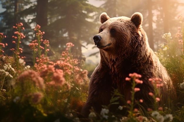 Oso pardo en un prado de flores generado por IA