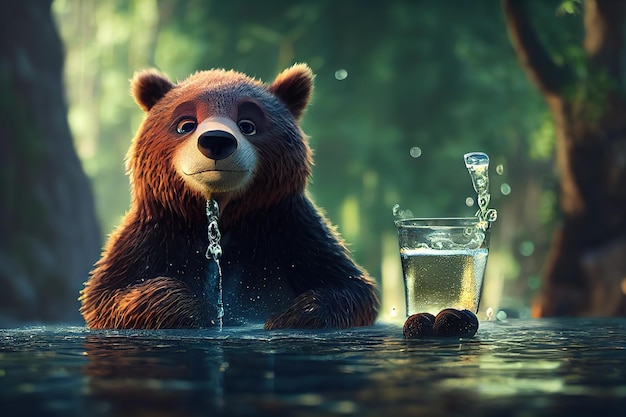 Un oso pardo en un prado verde con el telón de fondo de un bosque bebe agua de un depósito