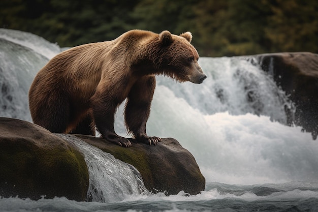 Un oso pardo se sienta en una roca frente a una cascada.