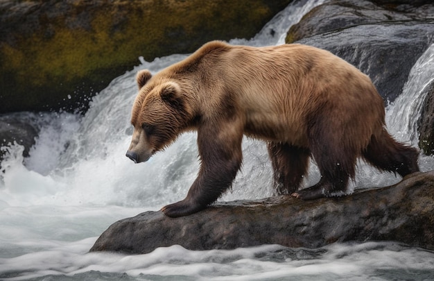 Un oso pardo se para sobre una roca frente a una cascada.