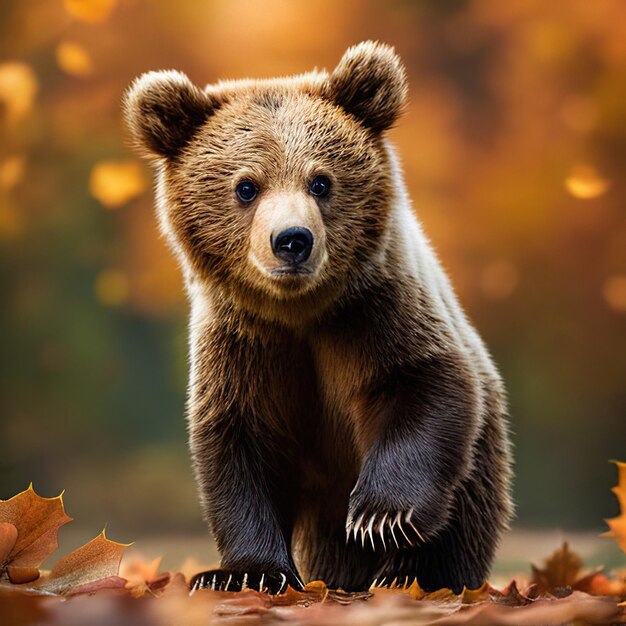 Un oso con pelaje y garras marrones está de pie frente a algunas hojas de otoño.