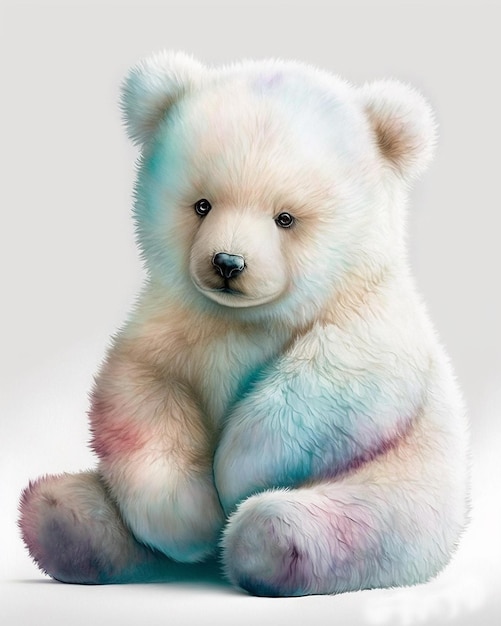 Un oso de pelo azul y rosa se sienta sobre un fondo blanco.
