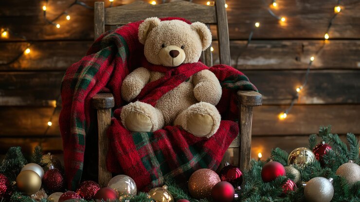 El oso de peluche en un acogedor entorno navideño