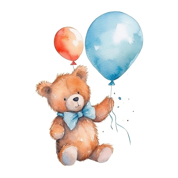 Oso de peluche de acuarela con globos Ilustración AI GenerativexA