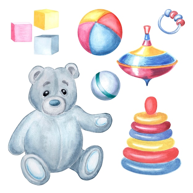 Oso de peluche de acuarela con juguetes de bebé pirámide colorida y juego de tope giratorio pintado a mano