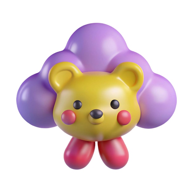 un oso de peluche amarillo con una cinta púrpura en la cabeza