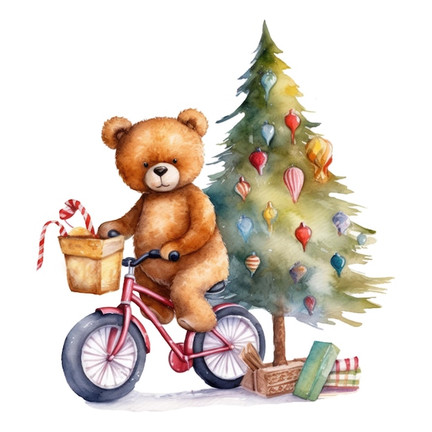 Un oso de peluche andando en bicicleta con un árbol de navidad en el fondo.