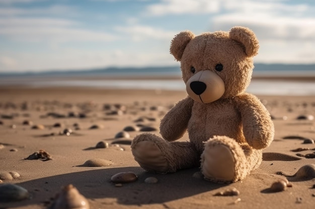 Oso de peluche en la arena de la playa Creado con herramientas generativas de IA