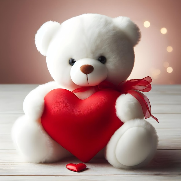 Un oso de peluche blanco abrazando un corazón rojo