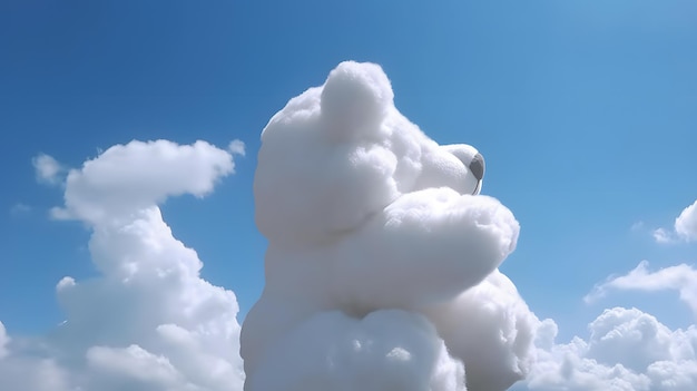 Oso de peluche blanco esponjoso en un cielo voluminoso lleno de nubes con nubes hiperrealistas y elementos inspirados en el anime