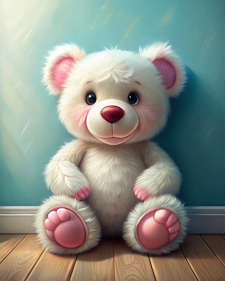 un oso de peluche blanco con orejas rosas y un parche rosa en su brazo se sienta en un piso de madera rosa claro