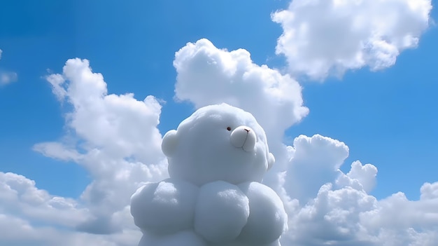 Oso de peluche blanco sentado en una nube esponjosa en un cielo hinchado de fantasía