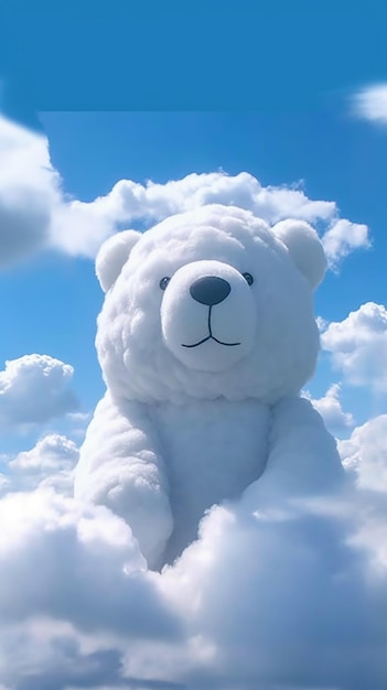 Un oso de peluche blanco se sienta en las nubes.