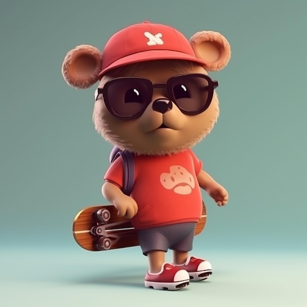 Un oso de peluche con una camisa roja y gafas de sol sostiene una patineta.