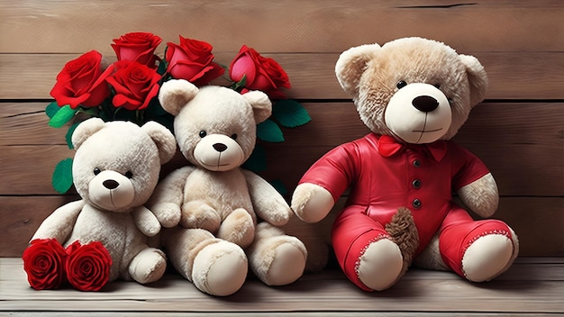 Un oso de peluche con una chaqueta roja y un lazo rojo se sienta junto a un ramo de rosas.