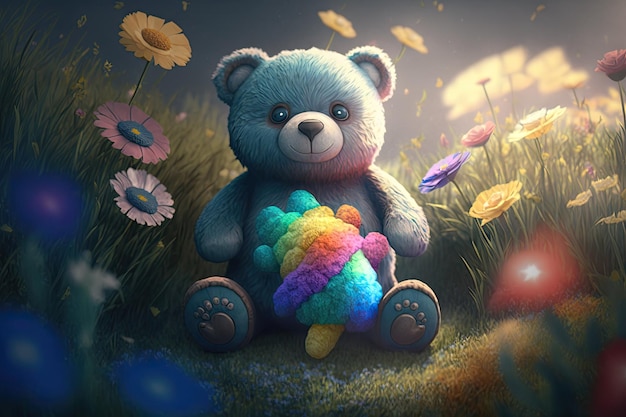Un oso de peluche con un cono de helado de arco iris sentado en un campo de flores.