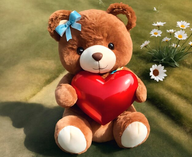 Oso de peluche con corazón rojo en la pradera