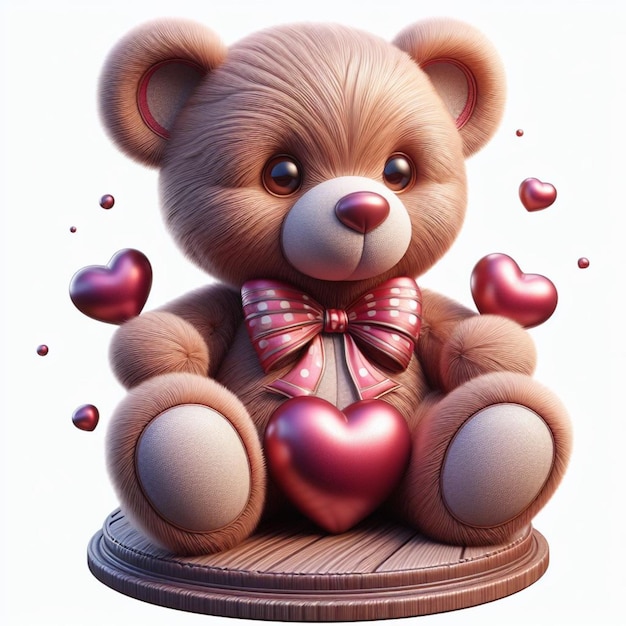 un oso de peluche con un corazón en su pecho se sienta en un pedestal de madera