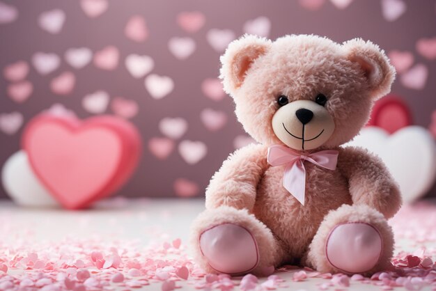 Foto oso de peluche con corazones en un fondo rosado